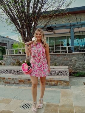 Floral Pink Ruffle Shift Dress - Women